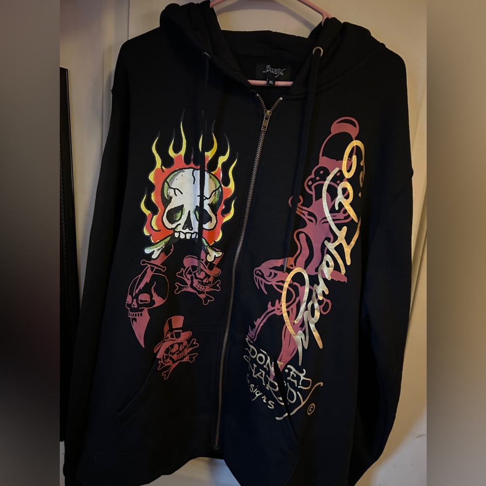 Ed Hardy Black Zip-Up with Skull and Flames